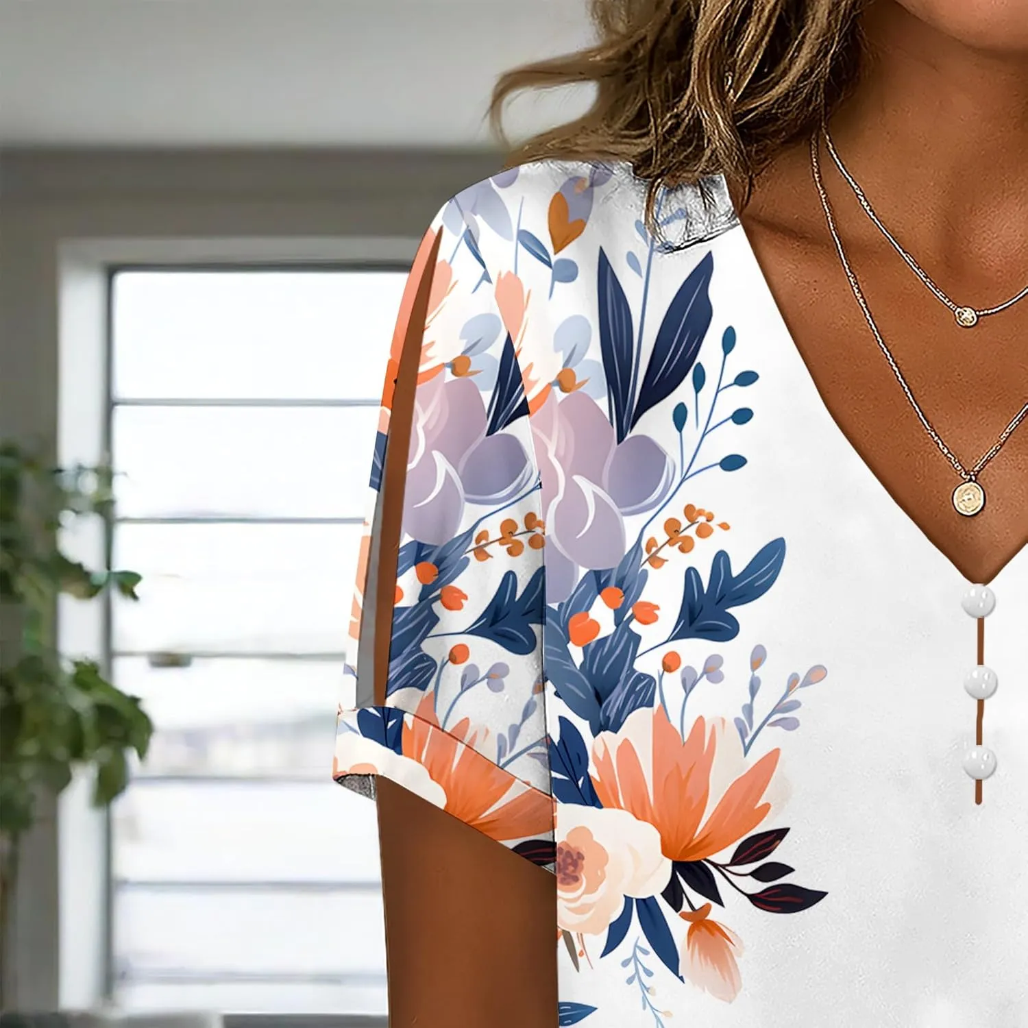 Boho Plus Size Tops for Women V Neck Blouses Business Casual Cold Shoulder T Shirts Trendy Floral Print Ladies Tops