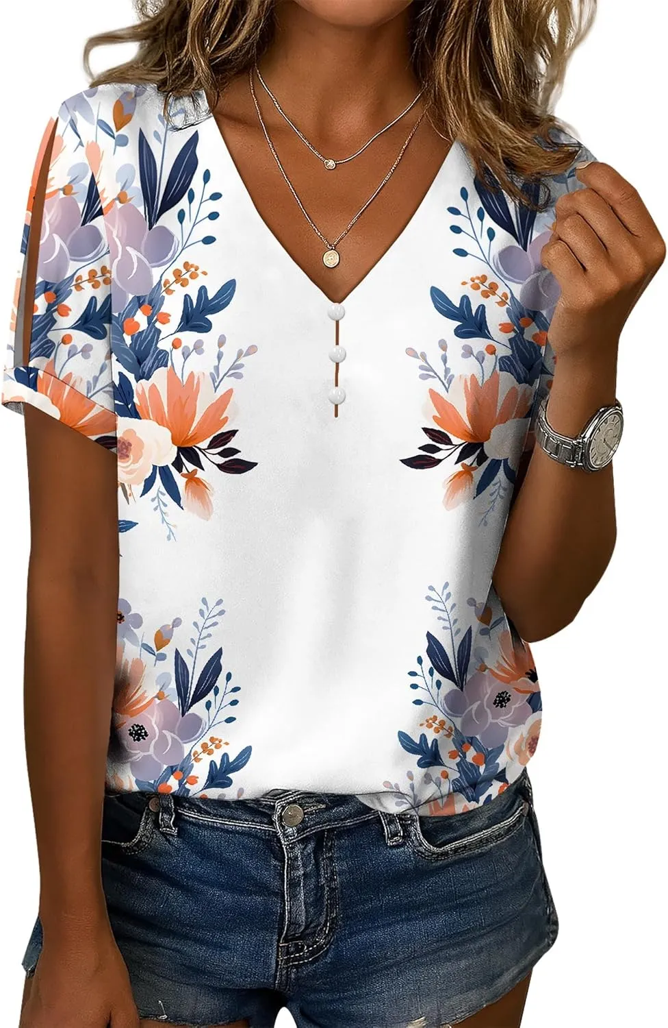 Boho Plus Size Tops for Women V Neck Blouses Business Casual Cold Shoulder T Shirts Trendy Floral Print Ladies Tops