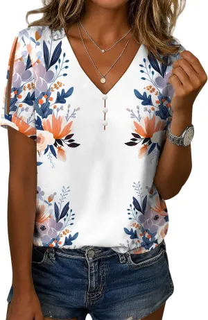 Boho Plus Size Tops for Women V Neck Blouses Business Casual Cold Shoulder T Shirts Trendy Floral Print Ladies Tops