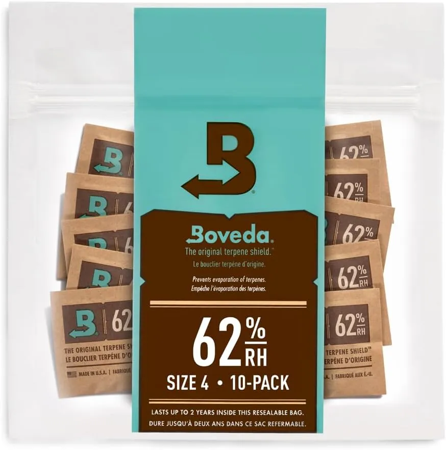Boveda 62% Two-Way Humidity Control Packs For Storing ½ oz – Size 4 – 10 Pack – Moisture Absorbers for Small Storage Containers – Humidifier Packs – Hydration Packets in Resealable Bag