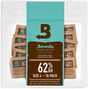 Boveda 62% Two-Way Humidity Control Packs For Storing ½ oz – Size 4 – 10 Pack – Moisture Absorbers for Small Storage Containers – Humidifier Packs – Hydration Packets in Resealable Bag