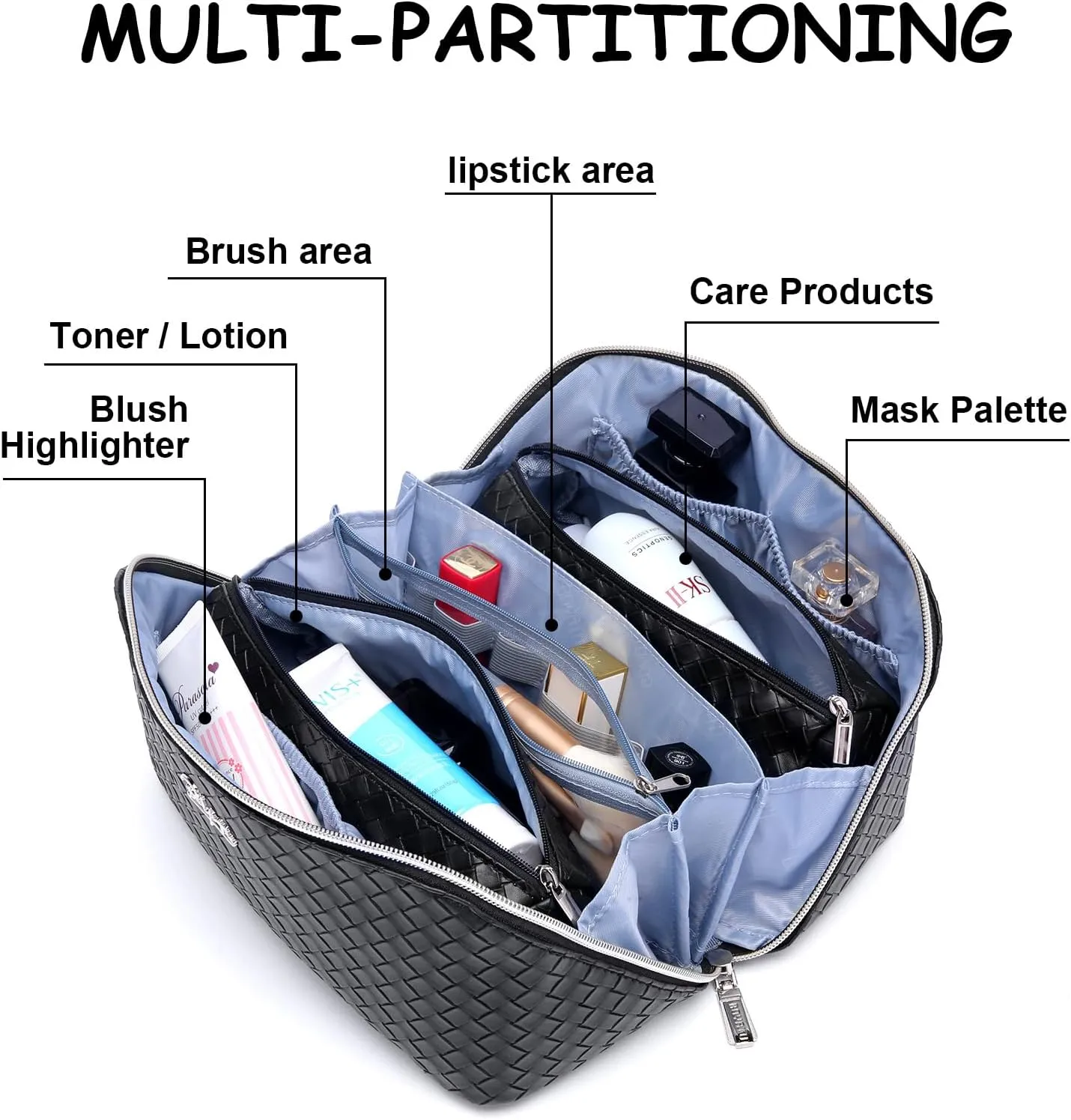 BOYATU Travel Makeup Bags for Women: Large Cosmetic Bag - PU Leather Make up Bag Set of 3 - Compact Toiletry Organizer with Compartments (L03 Black)