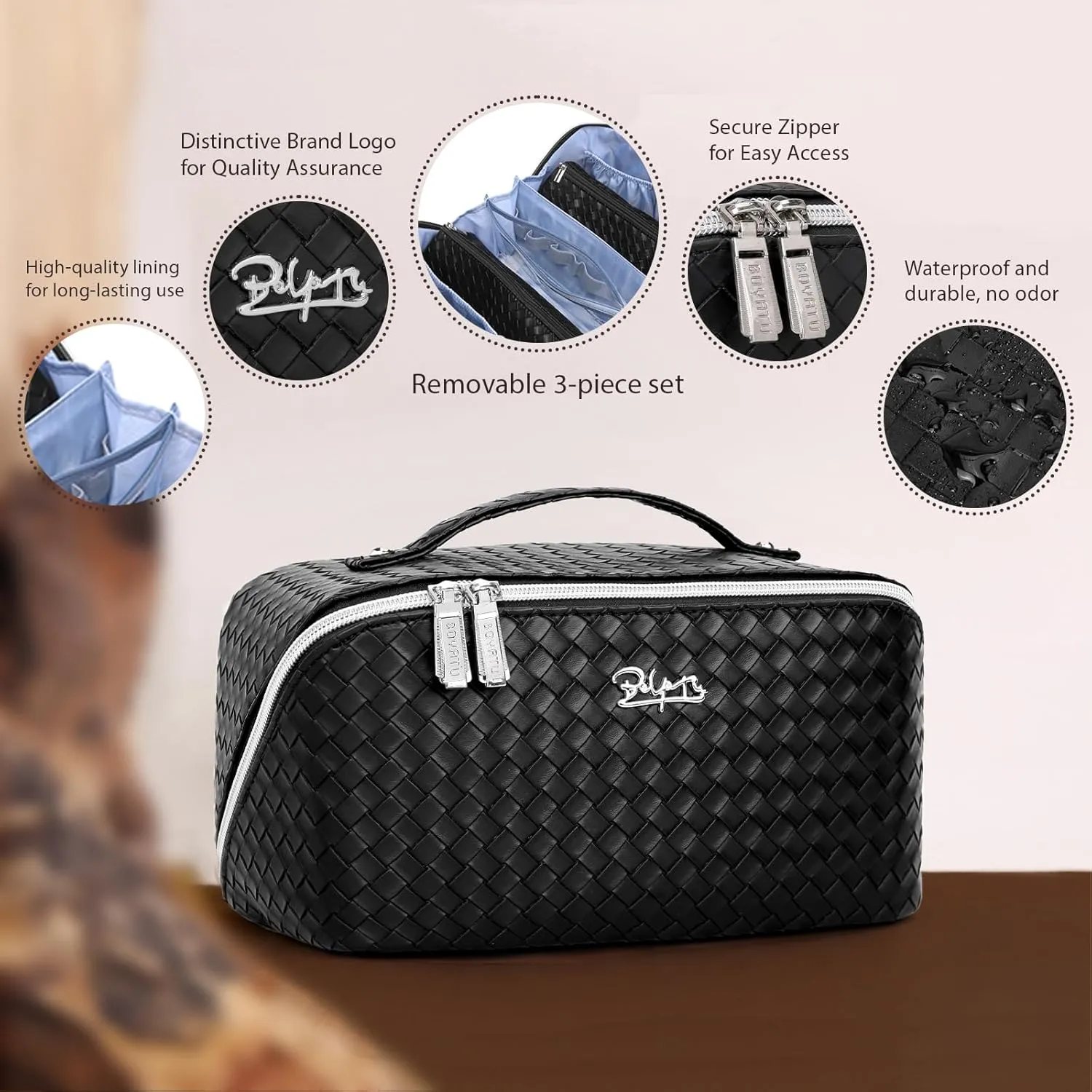 BOYATU Travel Makeup Bags for Women: Large Cosmetic Bag - PU Leather Make up Bag Set of 3 - Compact Toiletry Organizer with Compartments (L03 Black)