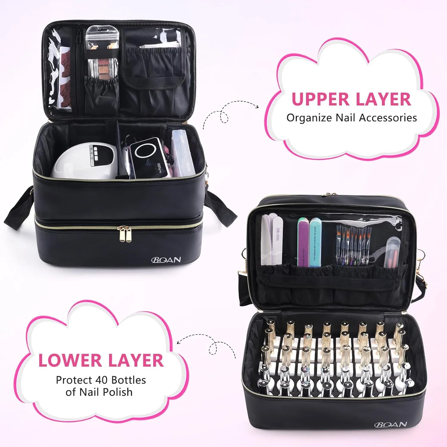 BQAN Nail Polish Organizer Case, 40 Bottles (15ml - 0.5 fl.oz) Capacity, Double Storage Bags with Adjustable Divider, Nail Art Accessories Case & Bag Black