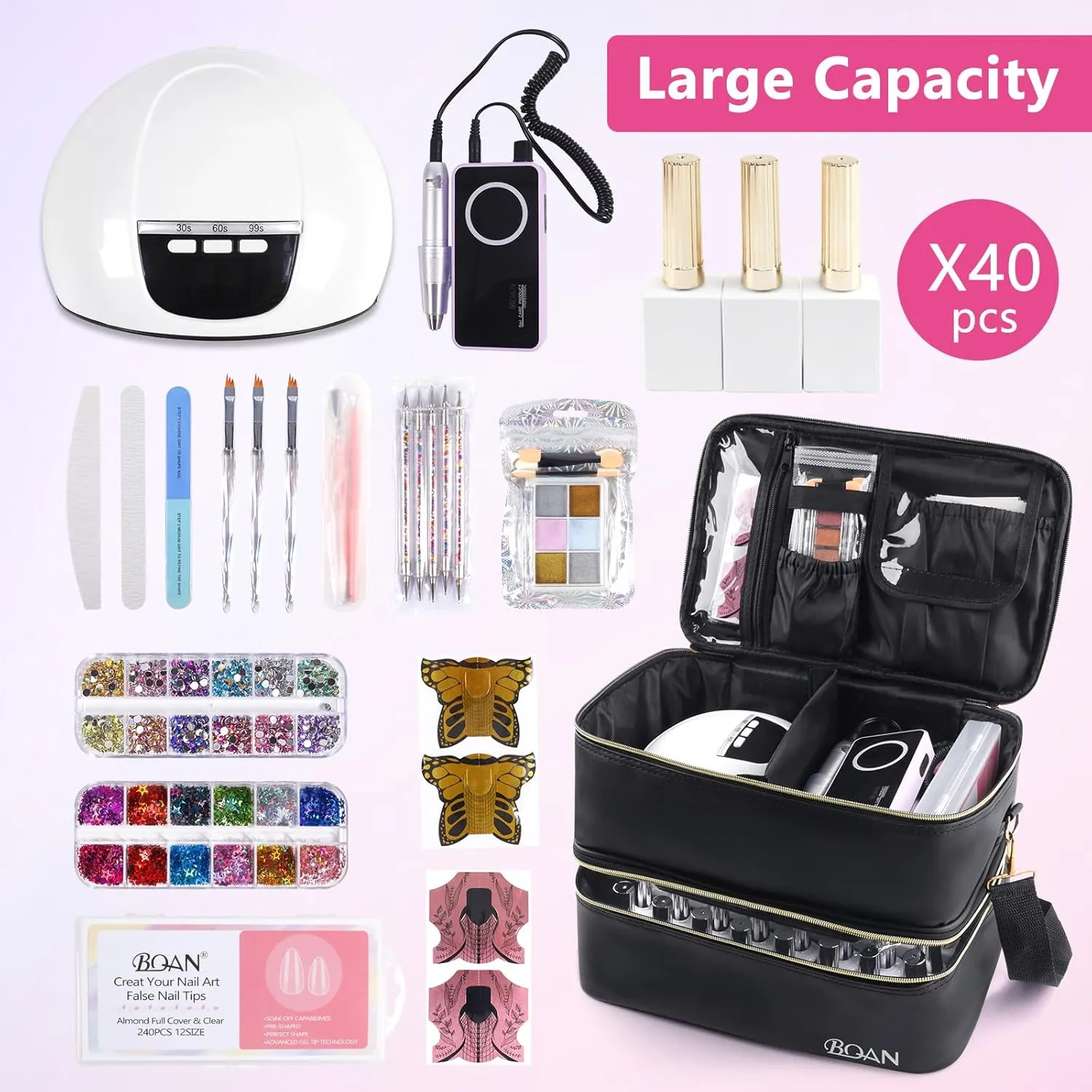 BQAN Nail Polish Organizer Case, 40 Bottles (15ml - 0.5 fl.oz) Capacity, Double Storage Bags with Adjustable Divider, Nail Art Accessories Case & Bag Black