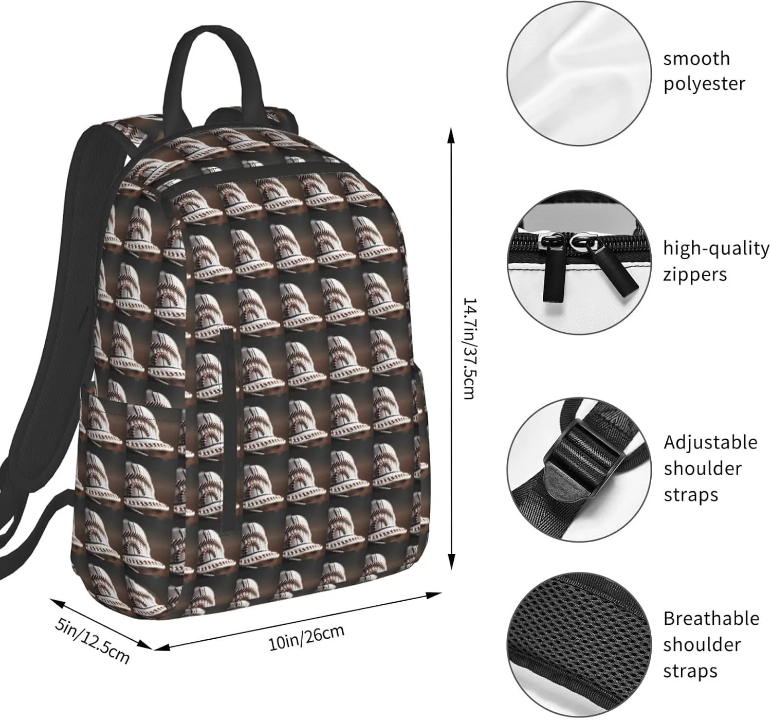 BREAUX Baseball Lace Close Up Print Simple And Lightweight Leisure Backpack, Men'S And Women'S Fashionable Travel Backpack