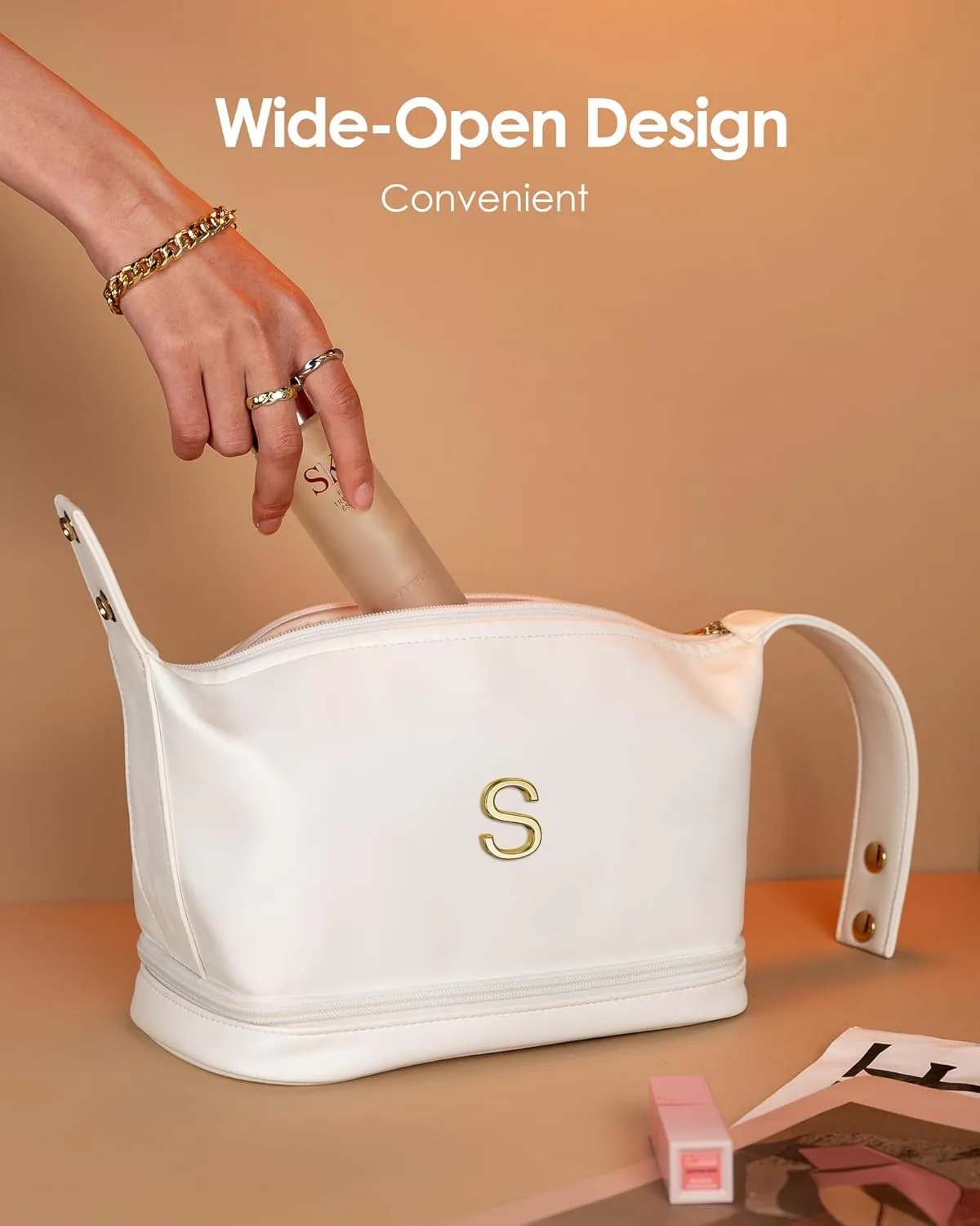 Bridal Gifts, Travel Makeup Bag, Personalized Double Layer Cosmetic Toiletry Bag White Makeup PU Bag Letter Bride Purse Waterproof Portable Zipper Wedding Bridesmaid Gift
