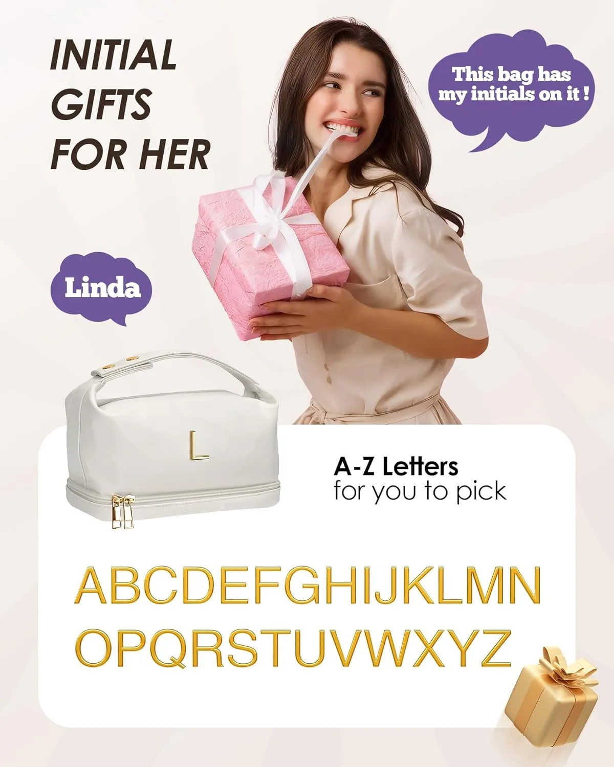 Bridal Gifts, Travel Makeup Bag, Personalized Double Layer Cosmetic Toiletry Bag White Makeup PU Bag Letter Bride Purse Waterproof Portable Zipper Wedding Bridesmaid Gift