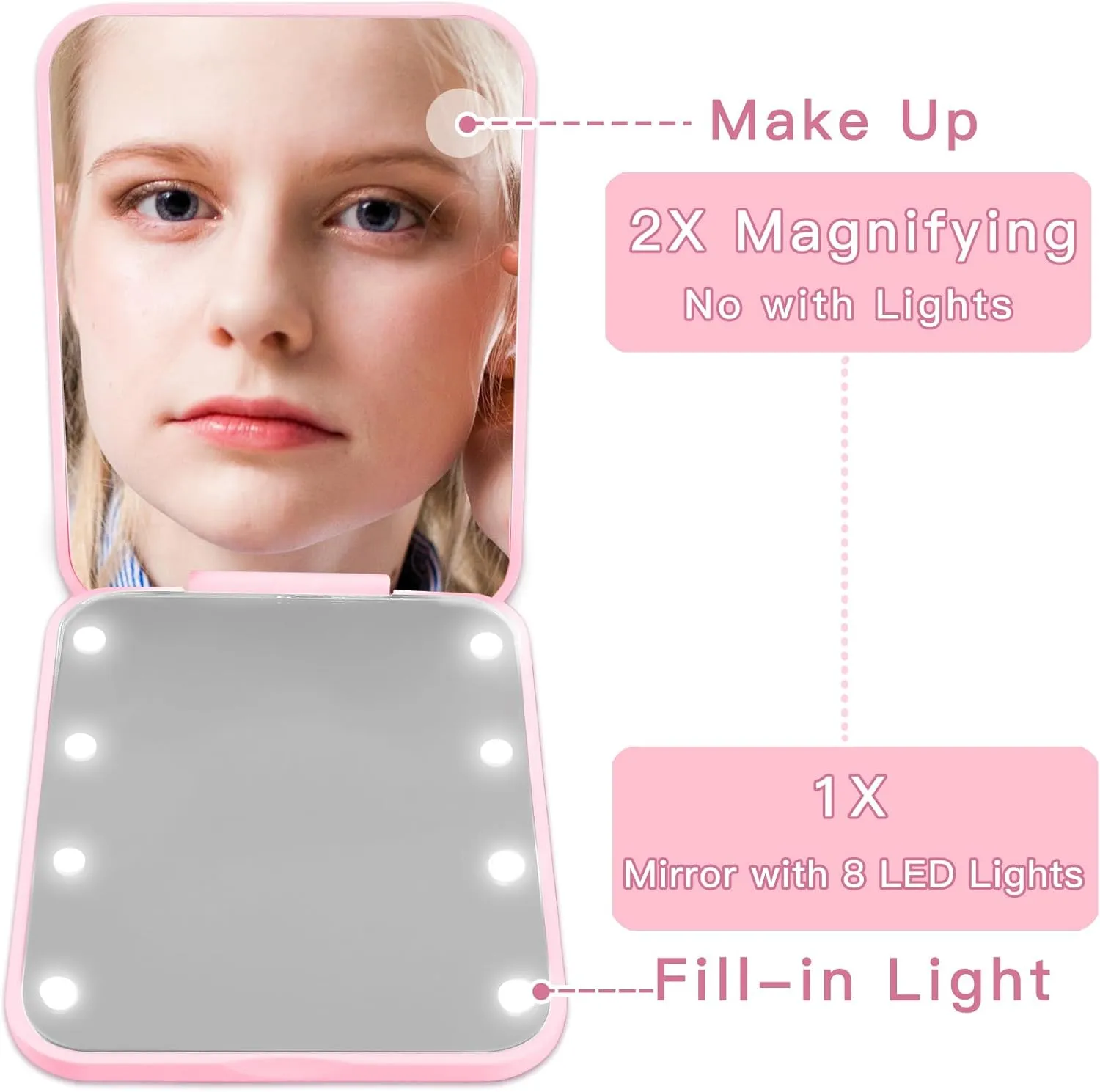 Bridesmaid Gifts for Wedding Day Pearl Initial Travel Makeup Pocket Mirror with Lights Pink 1X/2X Magnification LED Cute Compact Mirror Bridal Shower Gifts Bridesmaid Proposal Gifts (K)