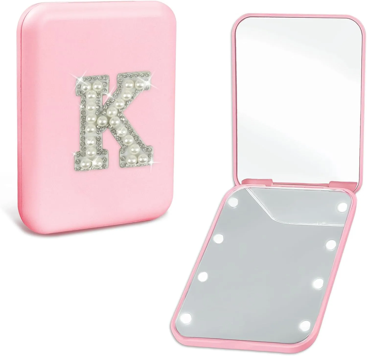 Bridesmaid Gifts for Wedding Day Pearl Initial Travel Makeup Pocket Mirror with Lights Pink 1X/2X Magnification LED Cute Compact Mirror Bridal Shower Gifts Bridesmaid Proposal Gifts (K)