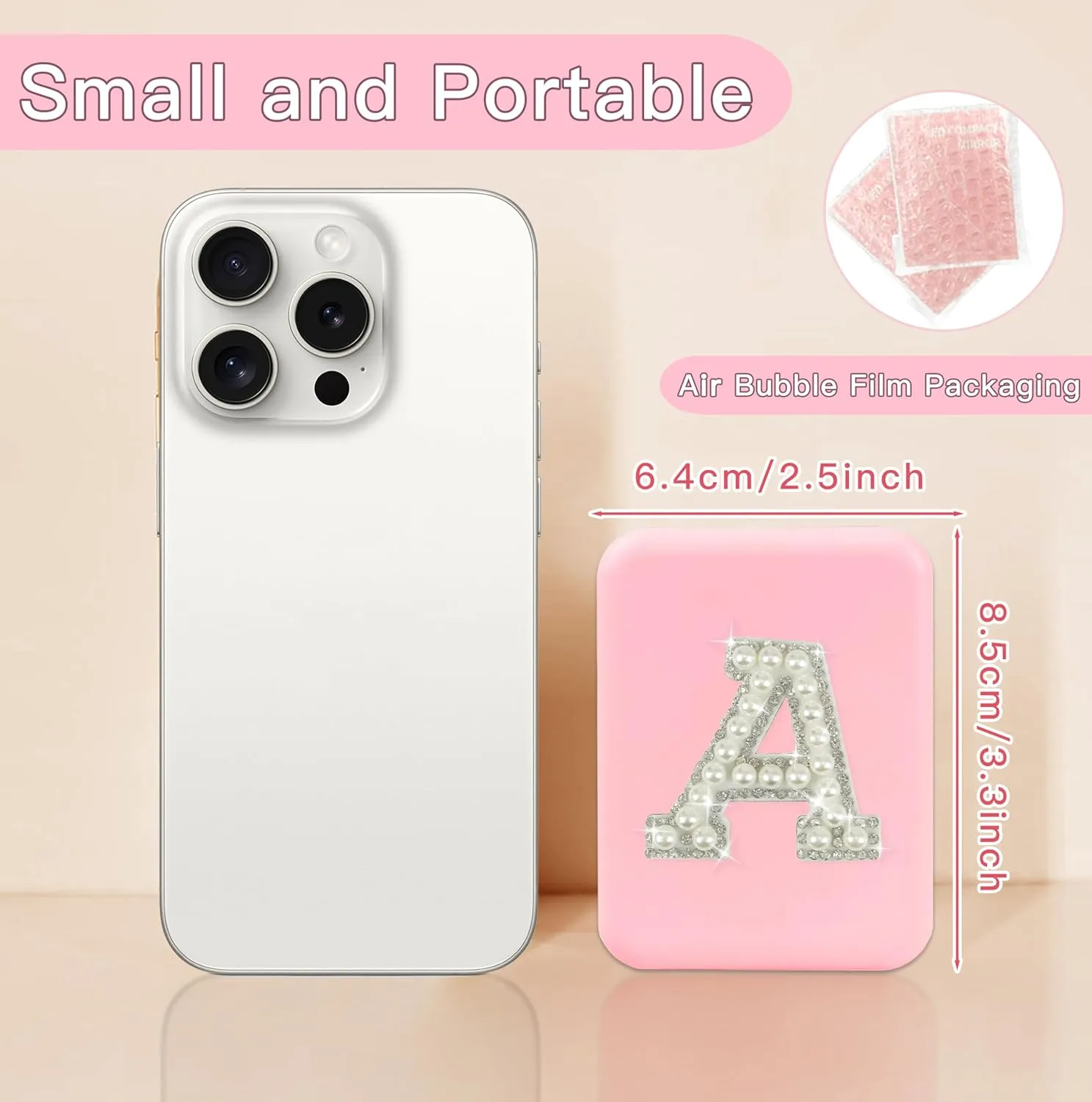 Bridesmaid Gifts for Wedding Day Pearl Initial Travel Makeup Pocket Mirror with Lights Pink 1X/2X Magnification LED Cute Compact Mirror Bridal Shower Gifts Bridesmaid Proposal Gifts (K)