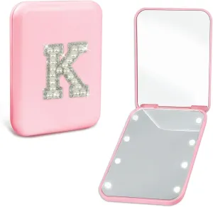 Bridesmaid Gifts for Wedding Day Pearl Initial Travel Makeup Pocket Mirror with Lights Pink 1X/2X Magnification LED Cute Compact Mirror Bridal Shower Gifts Bridesmaid Proposal Gifts (K)