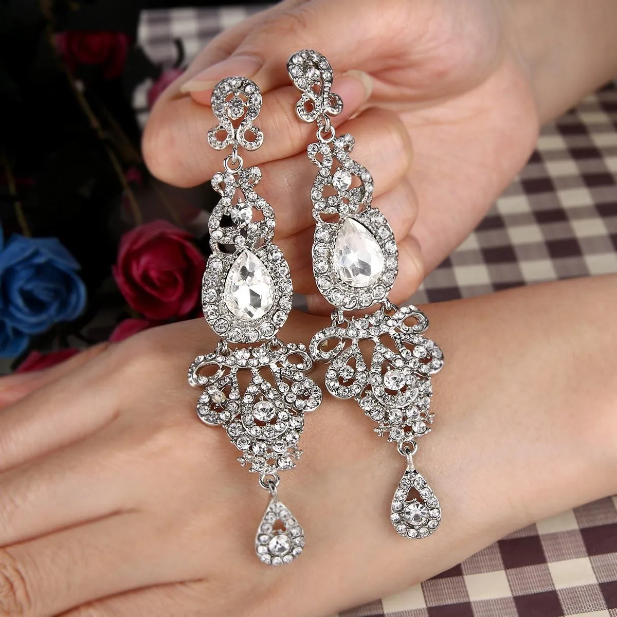 BriLove Bridal Stunning Crystal Art Deco Long Chandelier Dangle Earrings for Women Wedding Party Prom