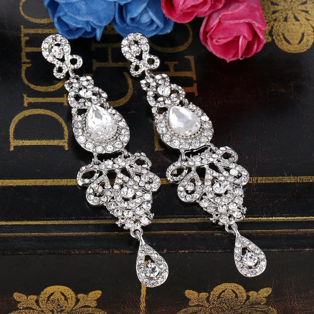 BriLove Bridal Stunning Crystal Art Deco Long Chandelier Dangle Earrings for Women Wedding Party Prom