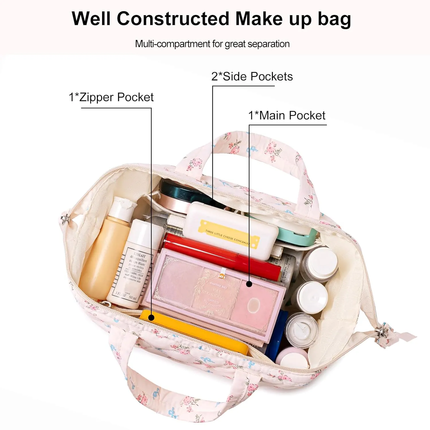 BTOOP Makeup Bag Travel Toiletry Bags for women, Cute Large Make Up Bag Organizer, Wide-open Quilted Cosmetic Bags for Travel Essentials (Pink-Blue bow)