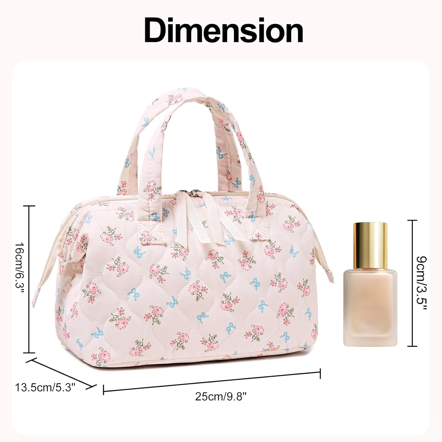 BTOOP Makeup Bag Travel Toiletry Bags for women, Cute Large Make Up Bag Organizer, Wide-open Quilted Cosmetic Bags for Travel Essentials (Pink-Blue bow)