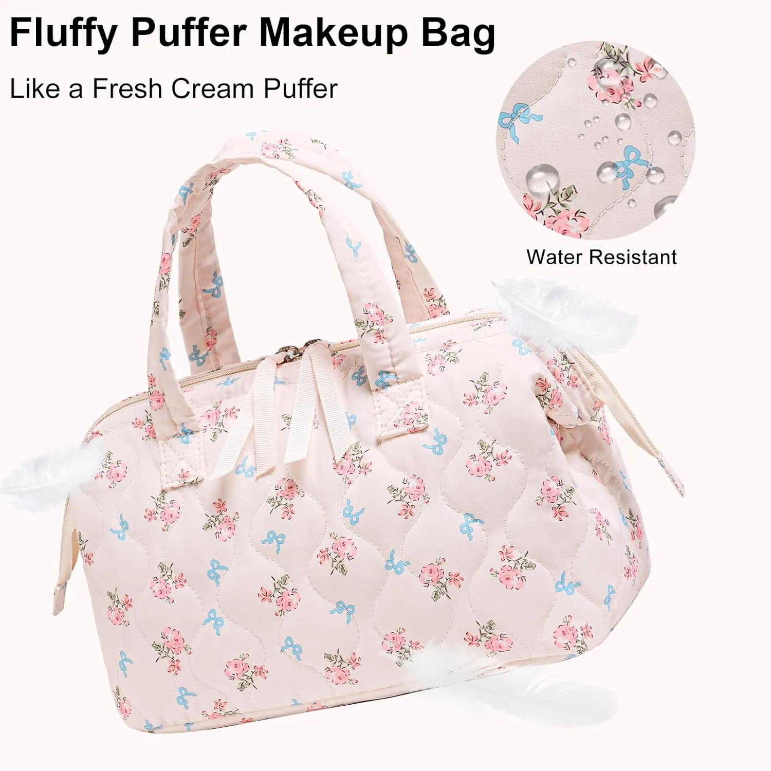 BTOOP Makeup Bag Travel Toiletry Bags for women, Cute Large Make Up Bag Organizer, Wide-open Quilted Cosmetic Bags for Travel Essentials (Pink-Blue bow)