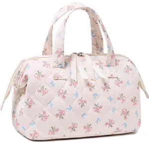 BTOOP Makeup Bag Travel Toiletry Bags for women, Cute Large Make Up Bag Organizer, Wide-open Quilted Cosmetic Bags for Travel Essentials (Pink-Blue bow)