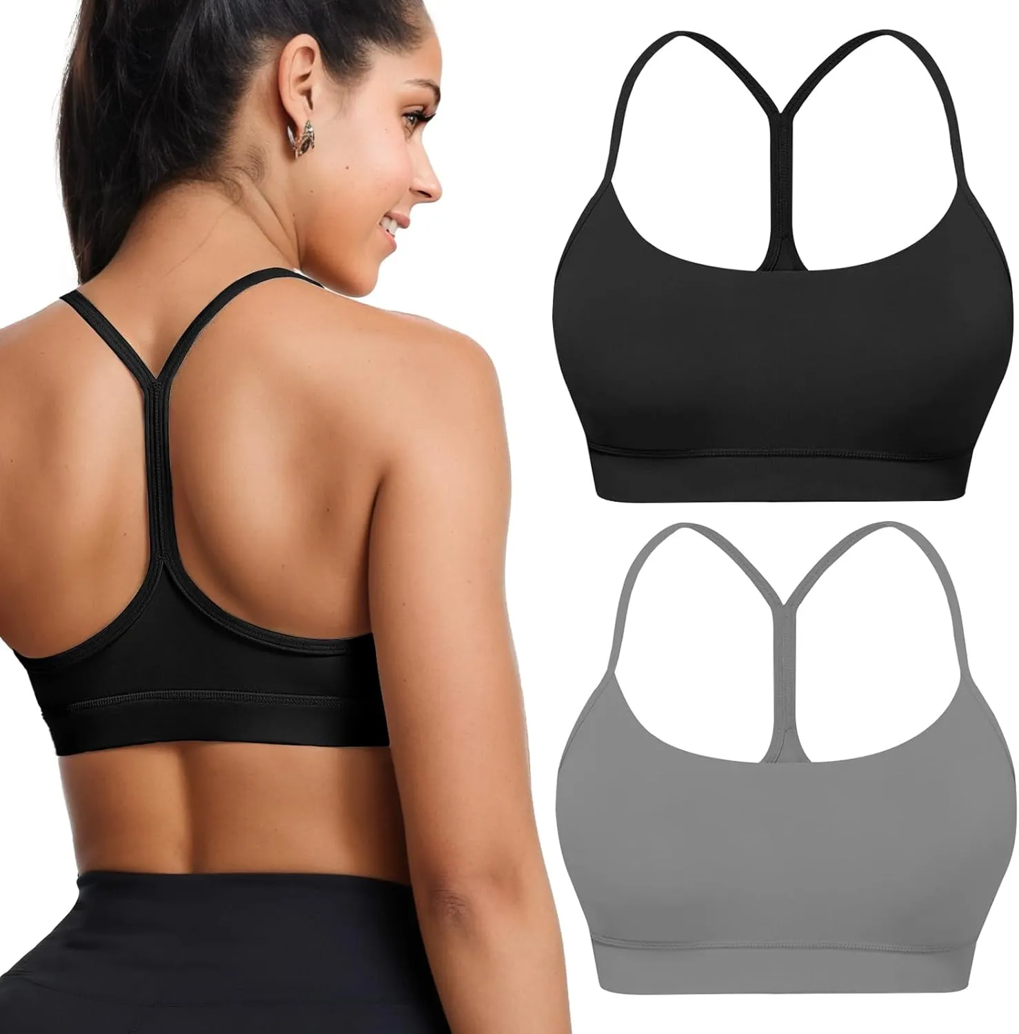 Buauty 2 Packs Y Back Sports Bra for Women, Low Impact Padded Racerback Spaghetti Strap Bras, Womens Workout Yoga Tops