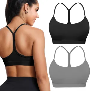 Buauty 2 Packs Y Back Sports Bra for Women, Low Impact Padded Racerback Spaghetti Strap Bras, Womens Workout Yoga Tops
