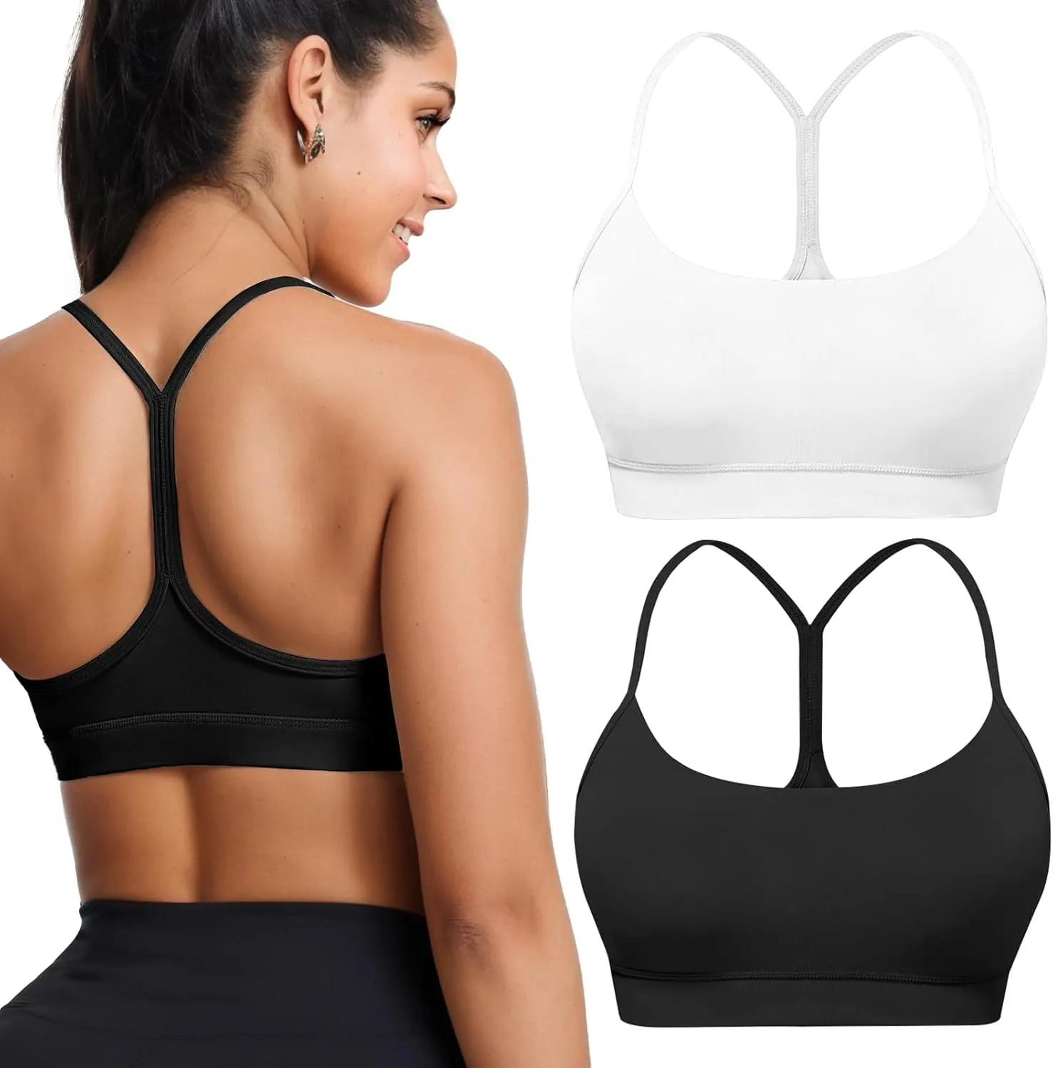 Buauty 2 Packs Y Back Sports Bra for Women, Low Impact Padded Racerback Spaghetti Strap Bras, Womens Workout Yoga Tops