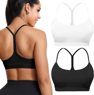 Buauty 2 Packs Y Back Sports Bra for Women, Low Impact Padded Racerback Spaghetti Strap Bras, Womens Workout Yoga Tops