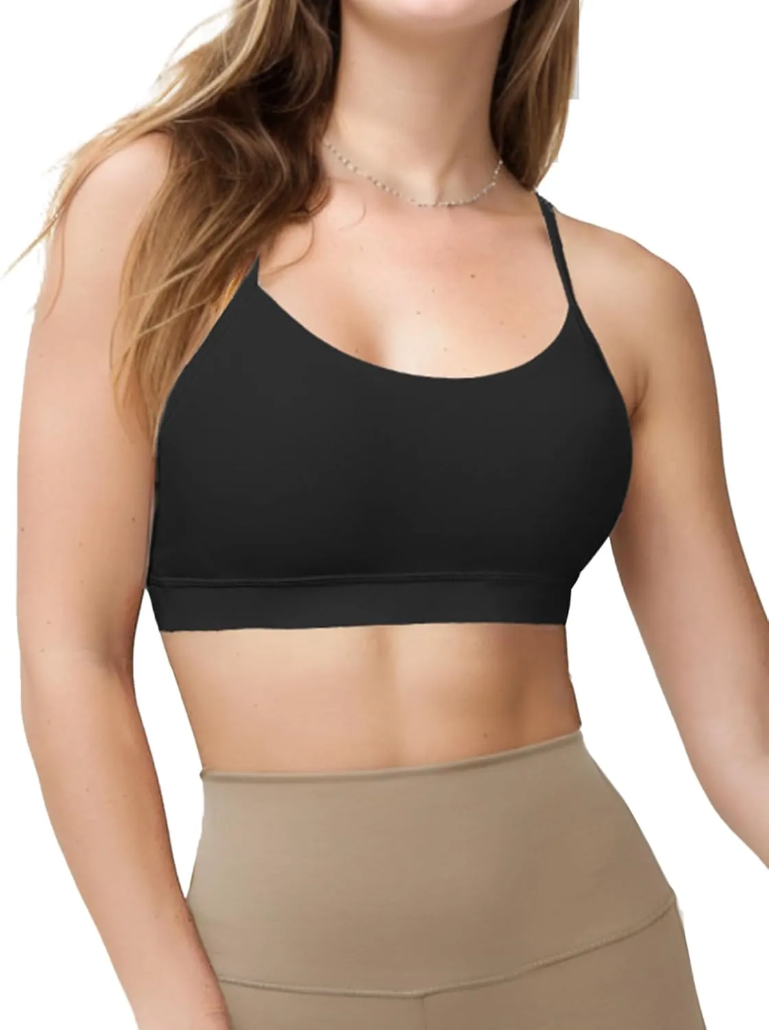 Buauty 2 Packs Y Back Sports Bra for Women, Low Impact Padded Racerback Spaghetti Strap Bras, Womens Workout Yoga Tops