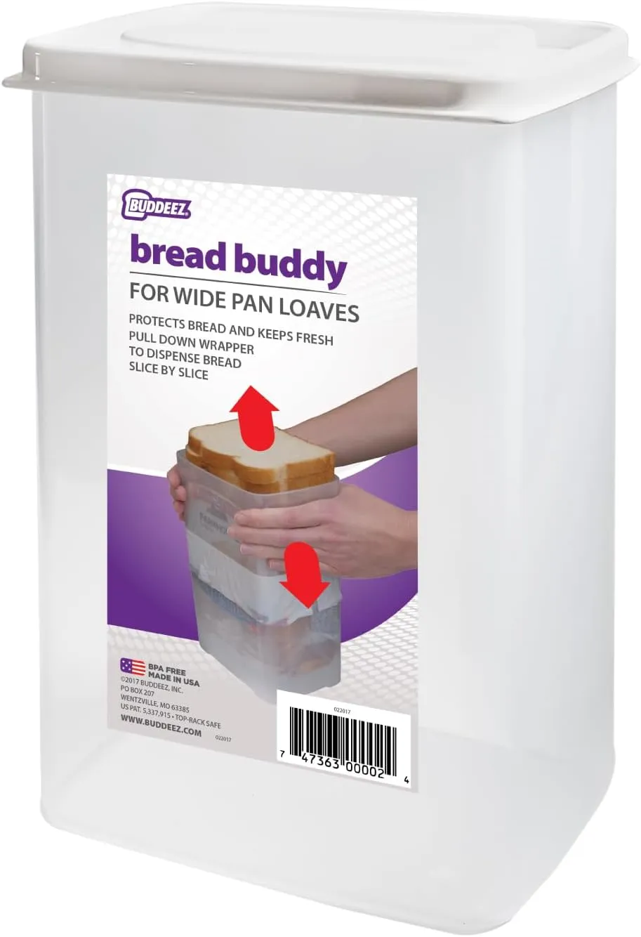 Buddeez Bread Buddy for Wide Pan Loaves, Bread Box, Bread Container, Fresh Home Made Bread Storage Dispenser – White Lid