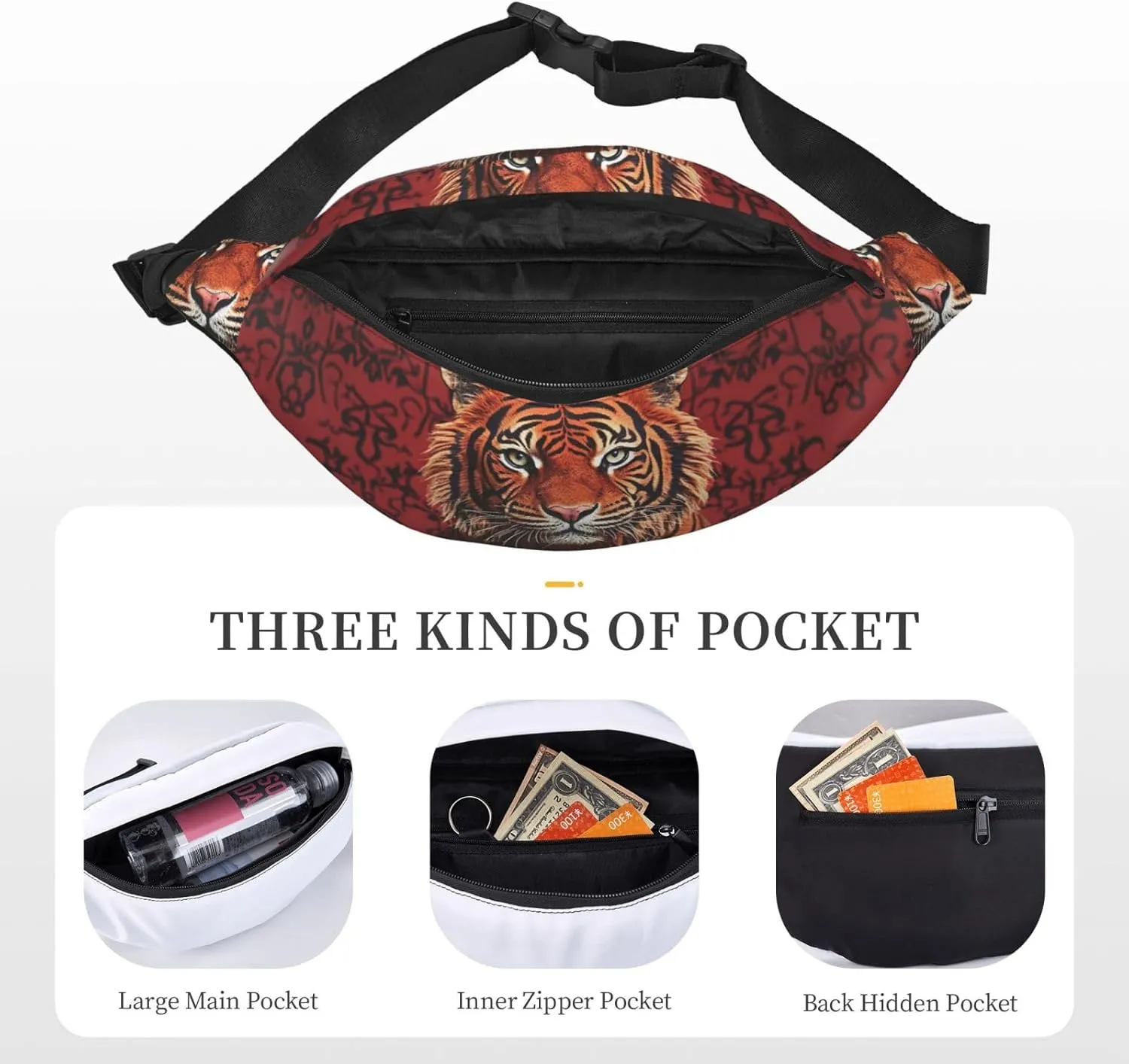 Bumbag Fanny Pack for Women Men Waist Pack Fashion Bum Bag Tiger Pattern Waist Bag for Sport Hiking Travel, Tiger Pattern, One Size