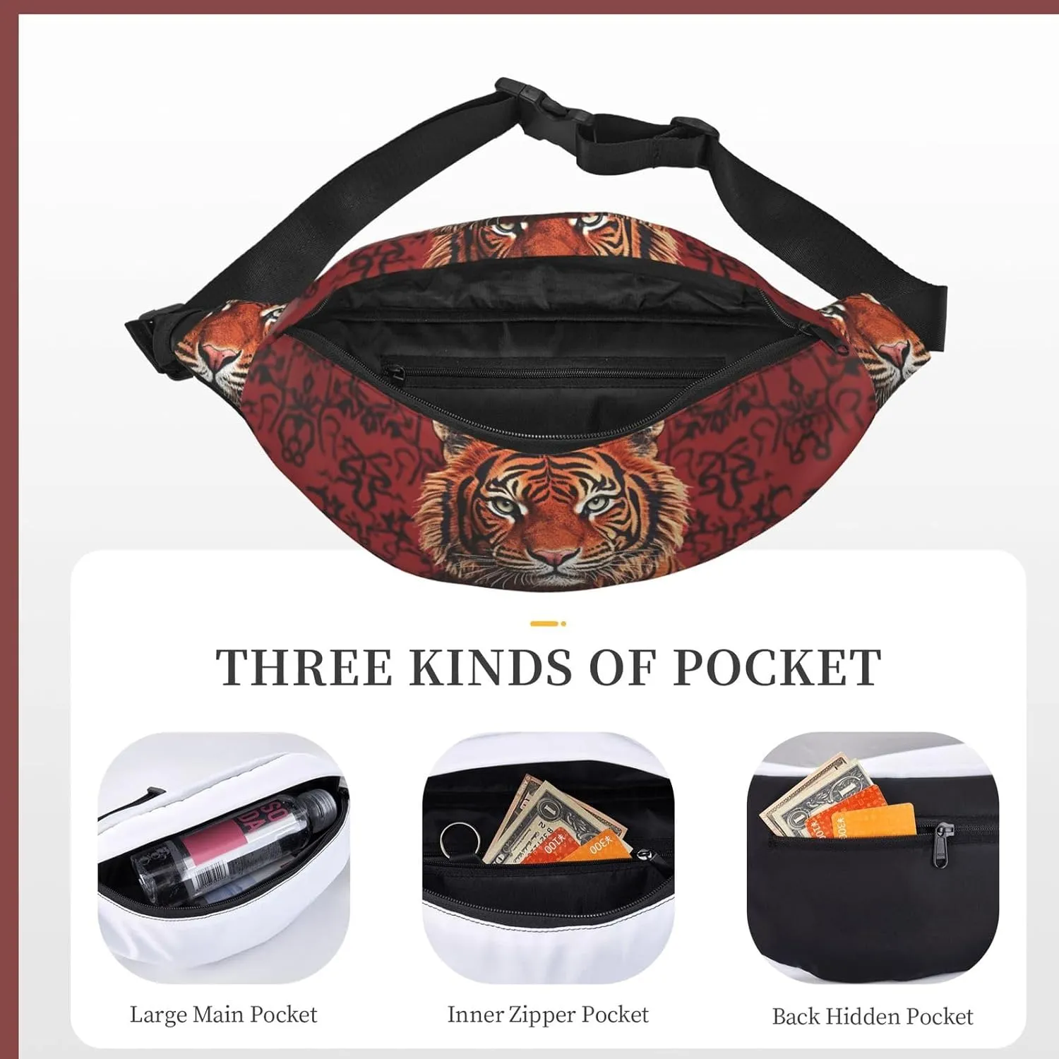 Bumbag Fanny Pack for Women Men Waist Pack Fashion Bum Bag Tiger Pattern Waist Bag for Sport Hiking Travel, Tiger Pattern, One Size
