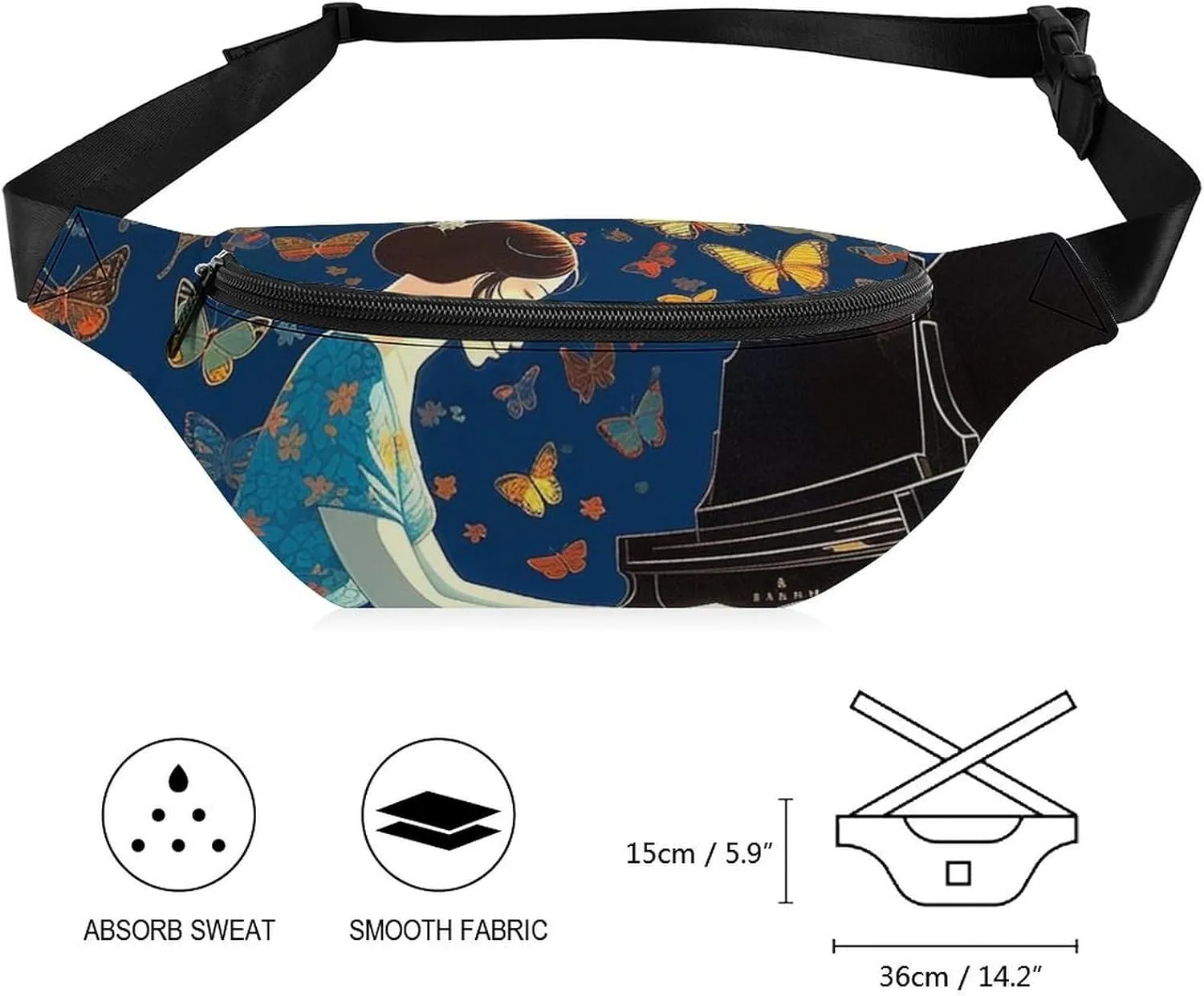 Butterflies Flying to Music Fanny Pack for Women Men Waist Bag Waterproof Belt Bag with Adjustable Strap