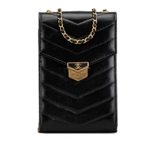 Calfskin CC Chevron Medal Envelope Vertical Clutch With Chain