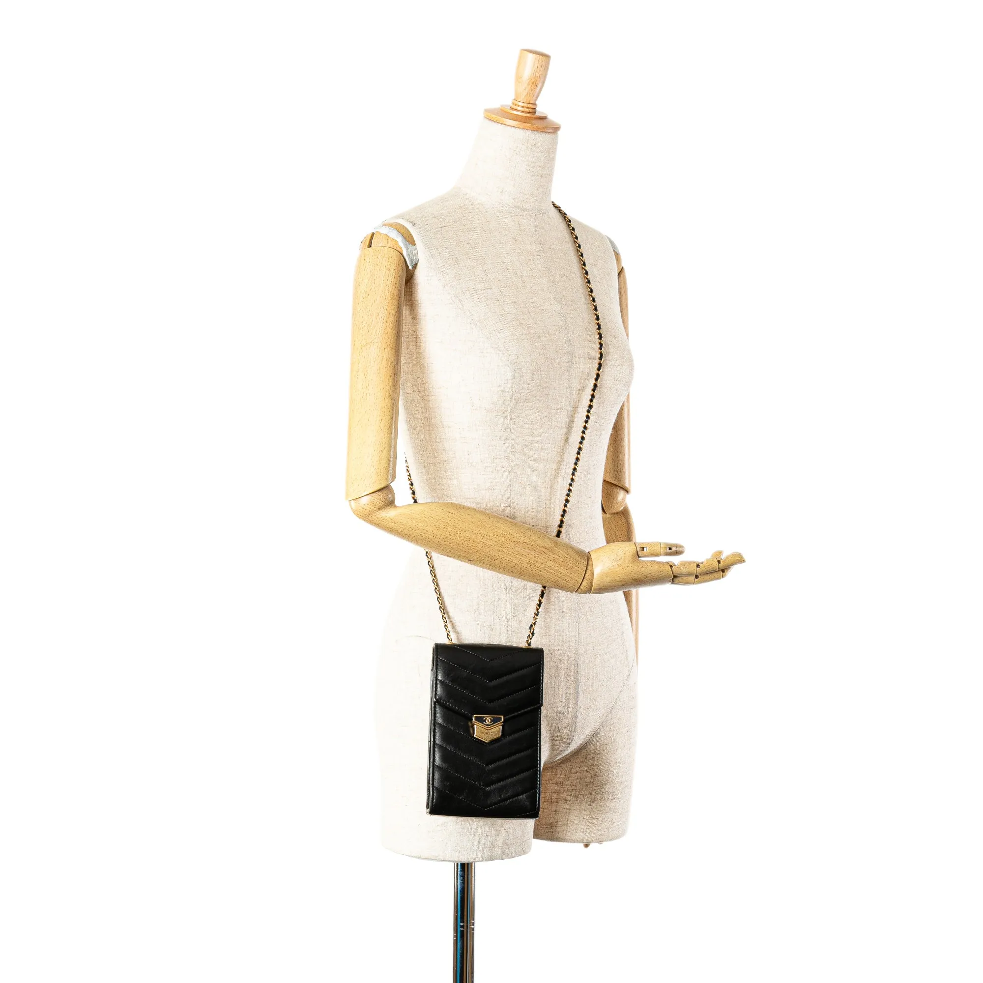 Calfskin CC Chevron Medal Envelope Vertical Clutch With Chain
