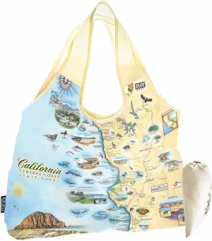 California Central Coast State Parks Map Pouch Tote with Handles – Reusable & Eco-Friendly Grocery Shopping Bag, Foldable Nylon, Heavy Duty, Compact, 18" x 25"