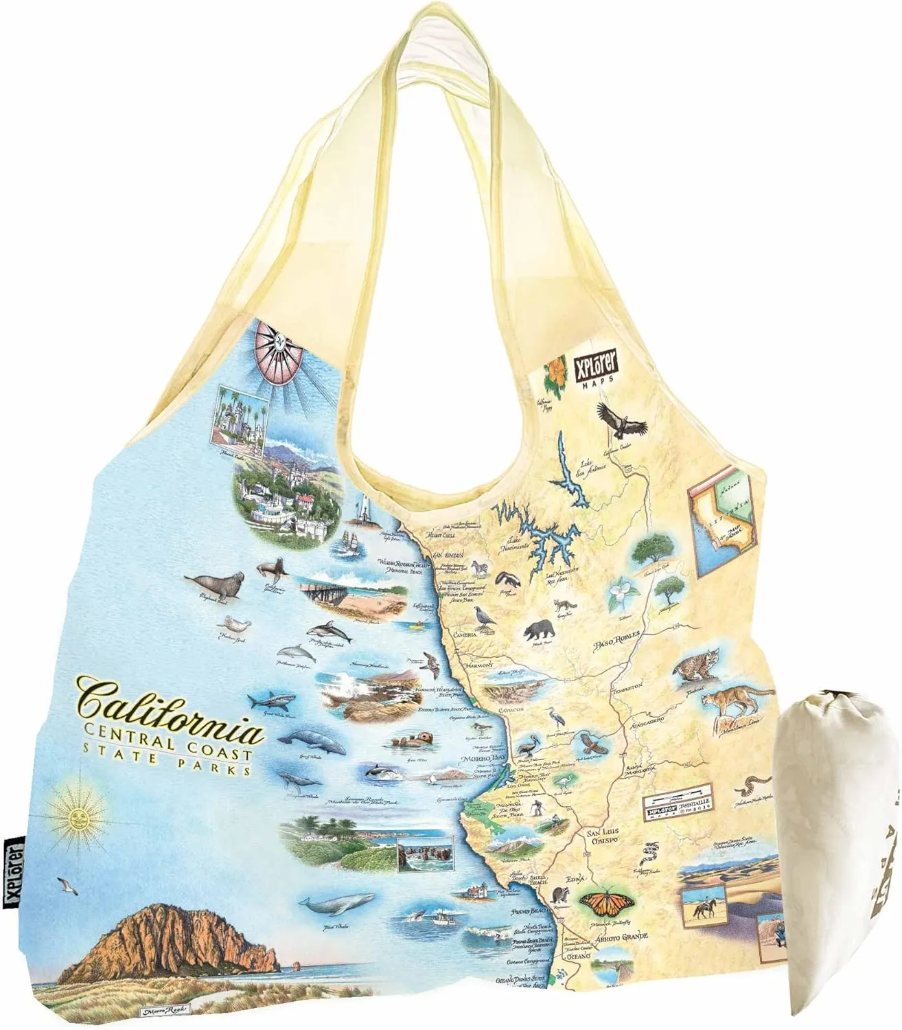 California Central Coast State Parks Map Pouch Tote with Handles – Reusable & Eco-Friendly Grocery Shopping Bag, Foldable Nylon, Heavy Duty, Compact, 18" x 25"