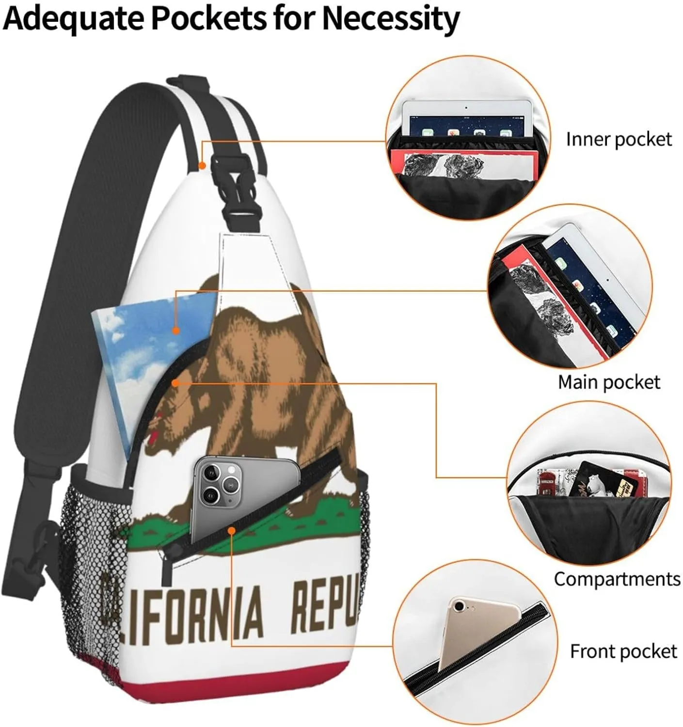California Republic Flag Crossbody Sling Backpack, Sling Bag Travel Hiking Chest Bag Unisex Daypack