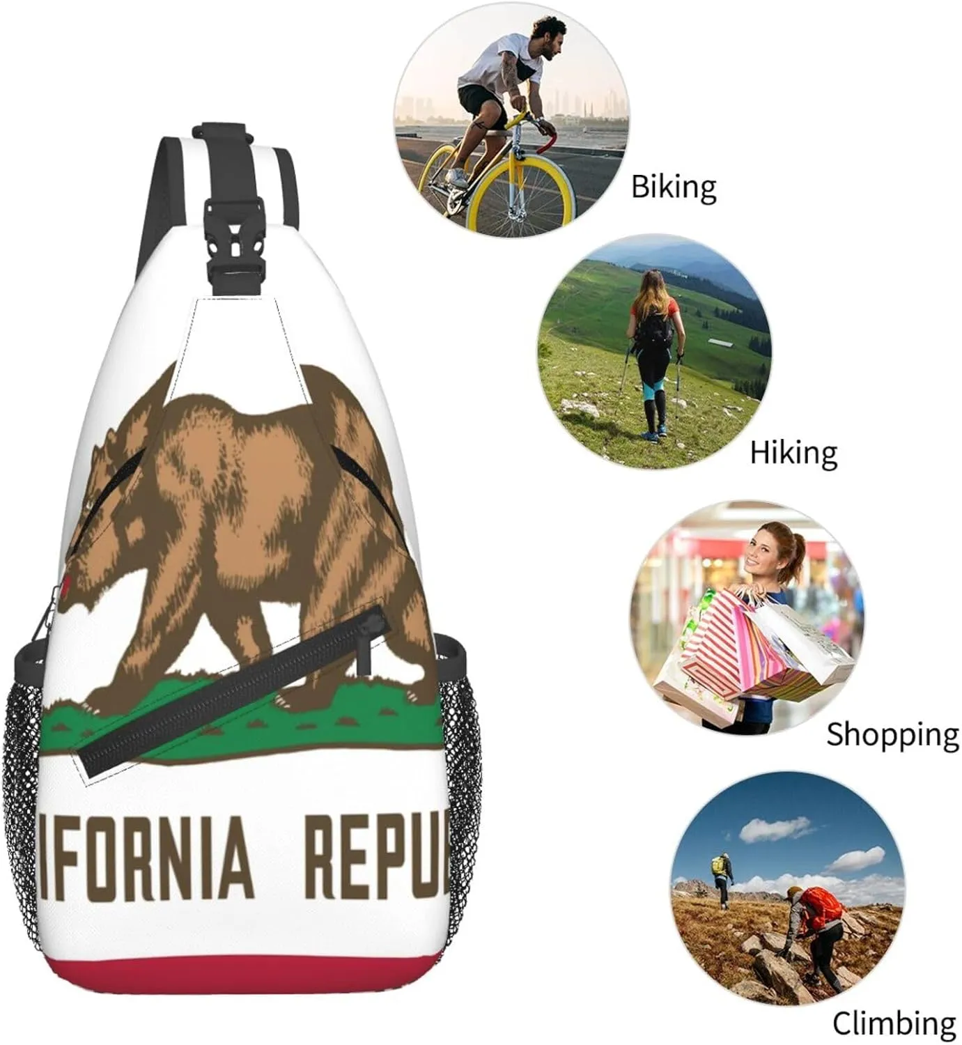 California Republic Flag Crossbody Sling Backpack, Sling Bag Travel Hiking Chest Bag Unisex Daypack