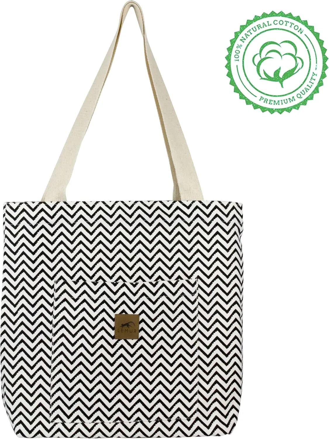 Canvas Shoulder Tote Bag - Large Eco-Friendly Zippered Tote with Front Pocket