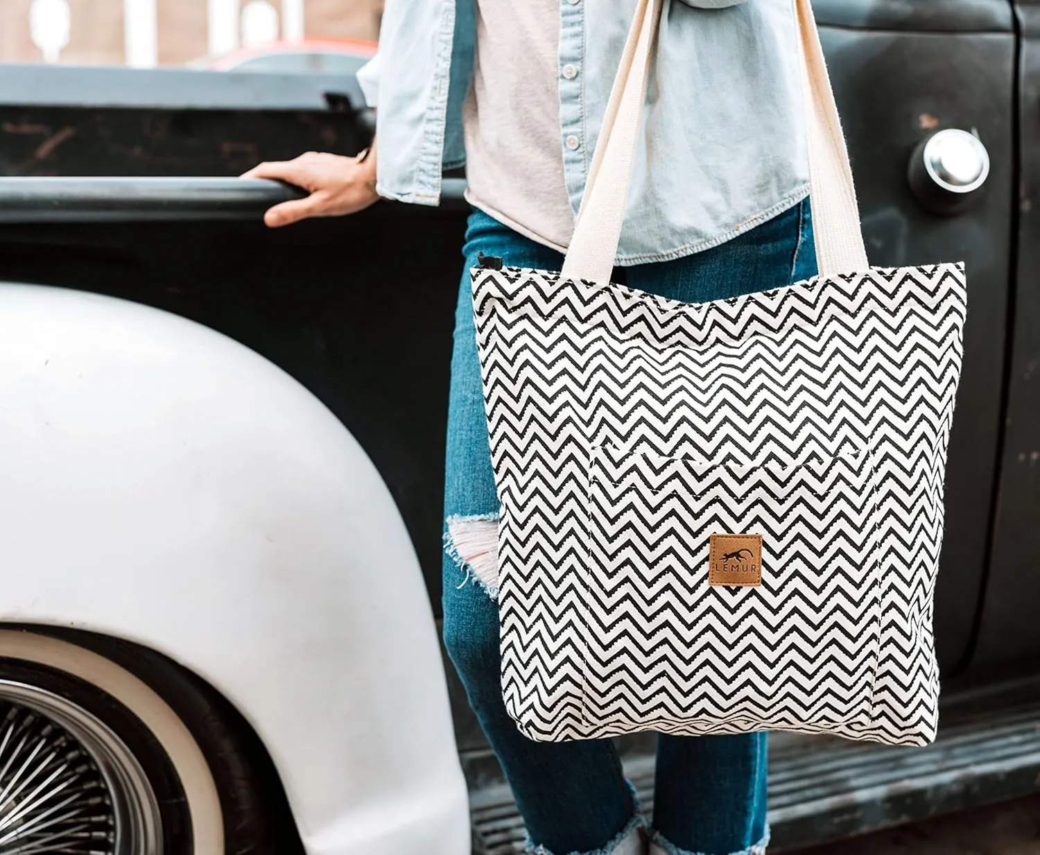 Canvas Shoulder Tote Bag - Large Eco-Friendly Zippered Tote with Front Pocket