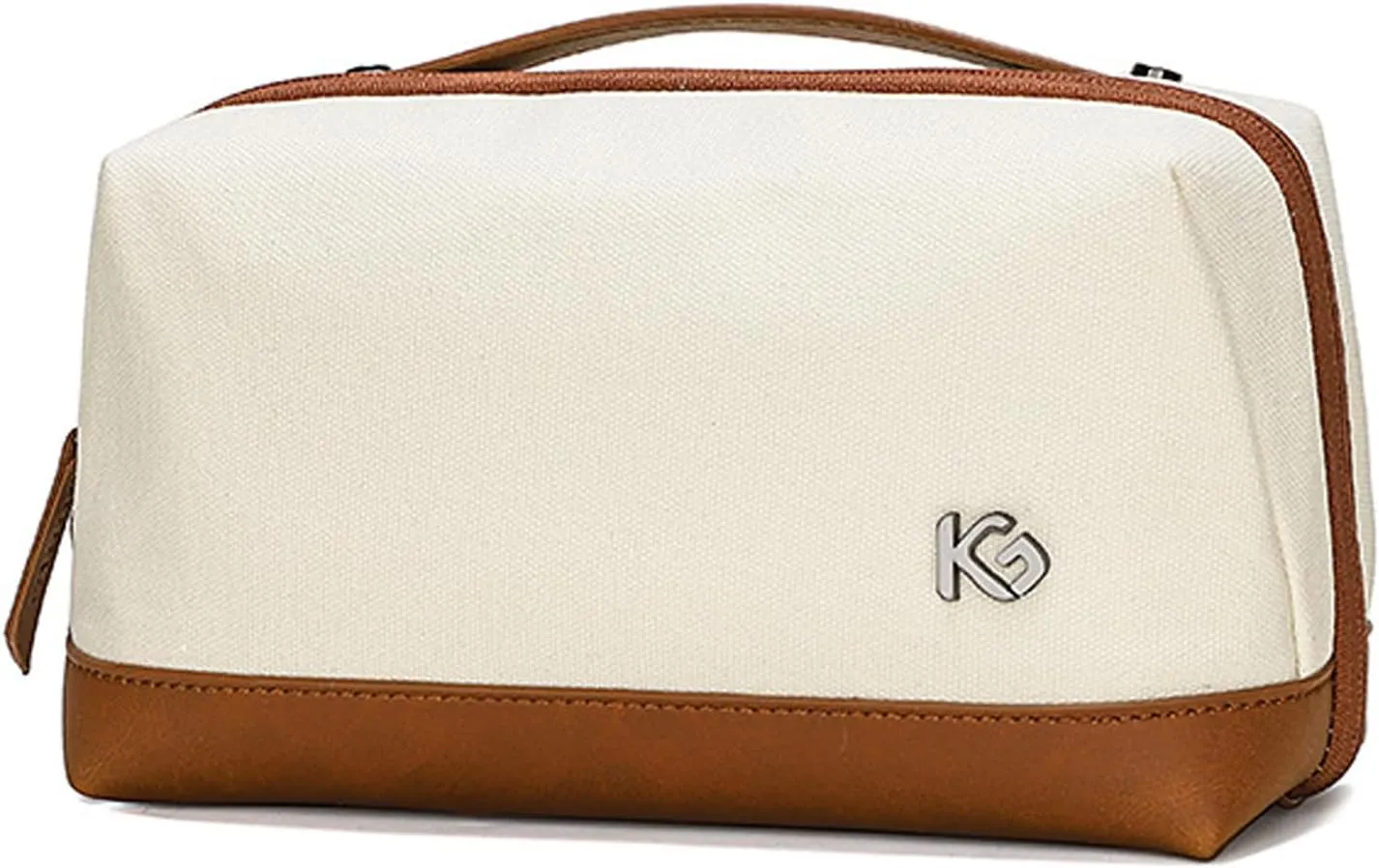 Canvas Toiletry Bag for Women, Leather Cosmetic Makeup Bag Organizer with Leather Handle, Travel Bag for Toiletries, Dopp Kit Water-resistant Shaving Bag for Accessories