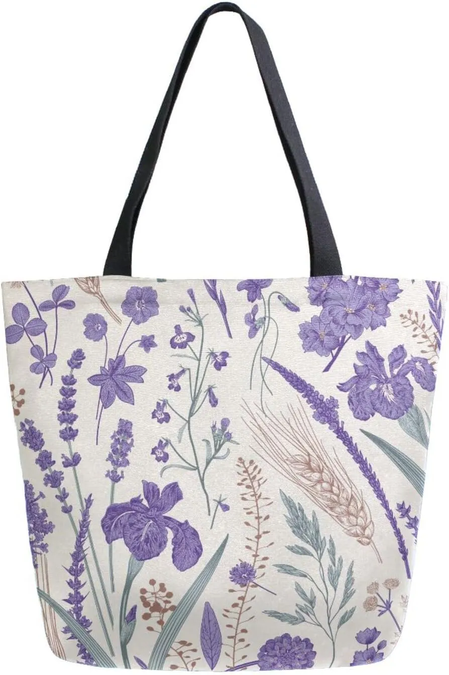 Canvas Tote Bag Autumn Lavender Wheat Women Shoulder Bag Summer Flowers Floral Reusable Grocery Bags Large Handbag Travel Shopping Bag for School Nursing Gift Outdoors