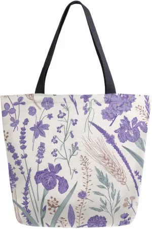 Canvas Tote Bag Autumn Lavender Wheat Women Shoulder Bag Summer Flowers Floral Reusable Grocery Bags Large Handbag Travel Shopping Bag for School Nursing Gift Outdoors