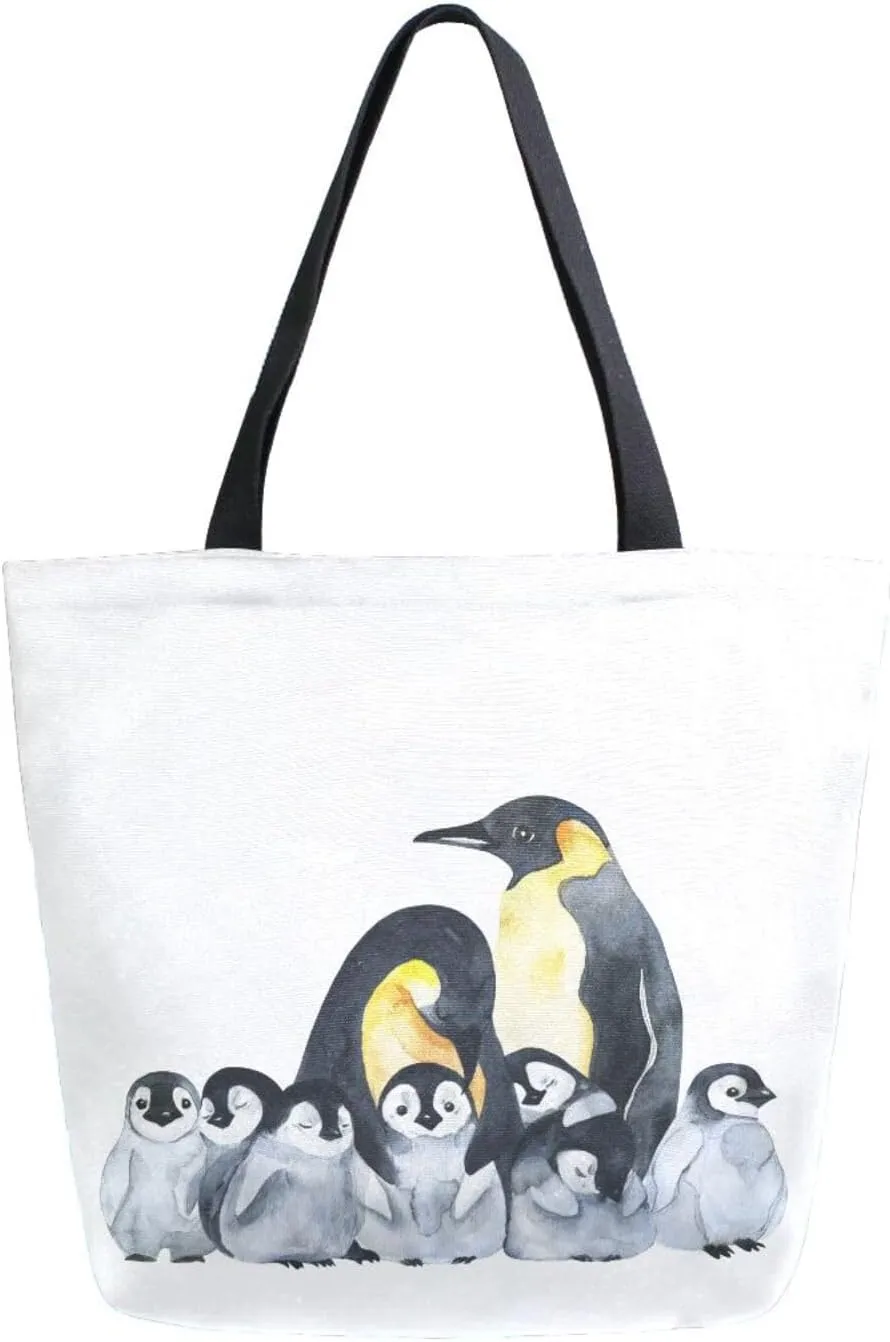 Canvas Tote Bag Cute Emperor Penguins Women Shoulder Bag Mother Day Father Reusable Grocery Bags Large Handbag Travel Shopping Bag for School Nursing Gift Outdoors