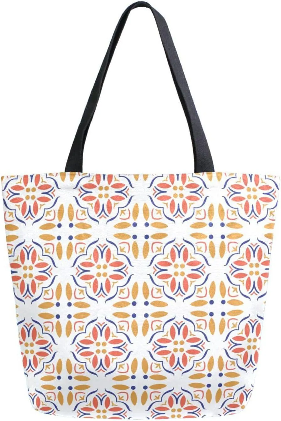 Canvas Tote Bag Ethic Women Shoulder Bag Moroccan Ornament Reusable Grocery Bags Large Handbag Travel Shopping Bag for School Nursing Gift Outdoors