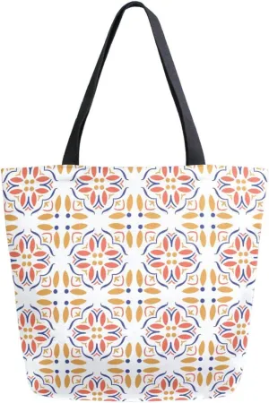 Canvas Tote Bag Ethic Women Shoulder Bag Moroccan Ornament Reusable Grocery Bags Large Handbag Travel Shopping Bag for School Nursing Gift Outdoors