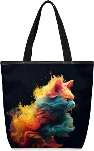 Canvas Tote Bag for Women Men Colorful Unreal Cats Canvas Handbag Shoulder Tote Bag with Zipper Closure Reusable Grocery Bag Shopping Cloth Bag with Handles for Beach Gym Picnic Work