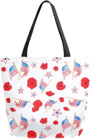 Canvas Tote Bag Memorial Day Women Shoulder Bag Watercolor Poppies Reusable Grocery Bags Large Handbag Travel Shopping Bag for School Nursing Gift Outdoors