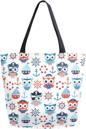 Canvas Tote Bag Nautical Sailor Pirate Owls Women Shoulder Bag Cute Blue Summ Reusable Grocery Bags Large Handbag Travel Shopping Bag for School Nursing Gift Outdoors