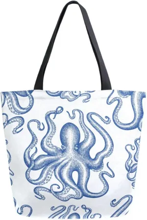 Canvas Tote Bag Octopus Women Shoulder Bag Summer Kraken Blue Reusable Grocery Bags Large Handbag Travel Shopping Bag for School Nursing Gift Outdoors