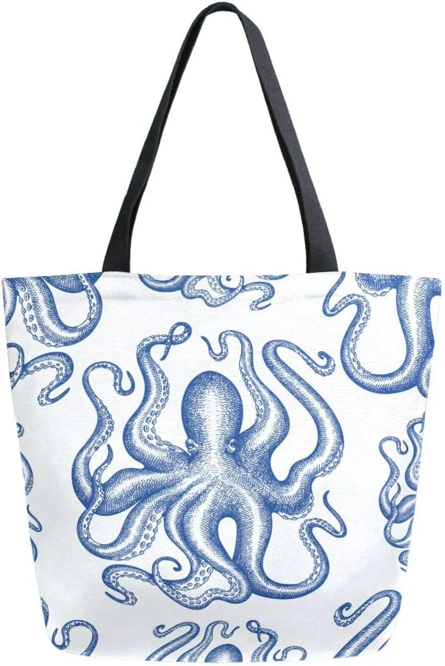 Canvas Tote Bag Octopus Women Shoulder Bag Summer Kraken Blue Reusable Grocery Bags Large Handbag Travel Shopping Bag for School Nursing Gift Outdoors